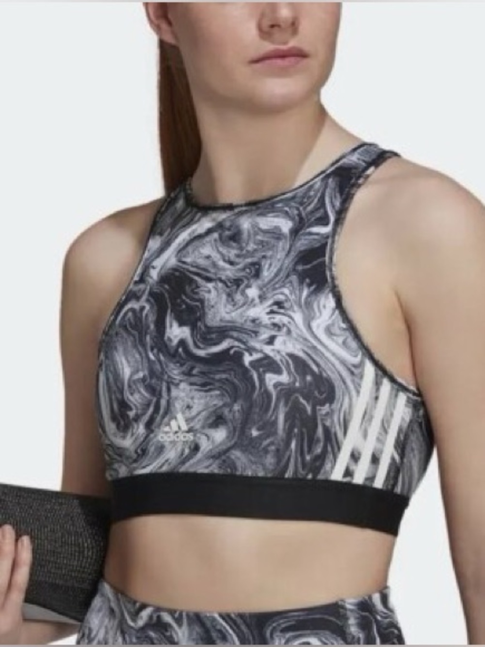 Adidas Women's Black & White Marble High-Neck Sports Bra